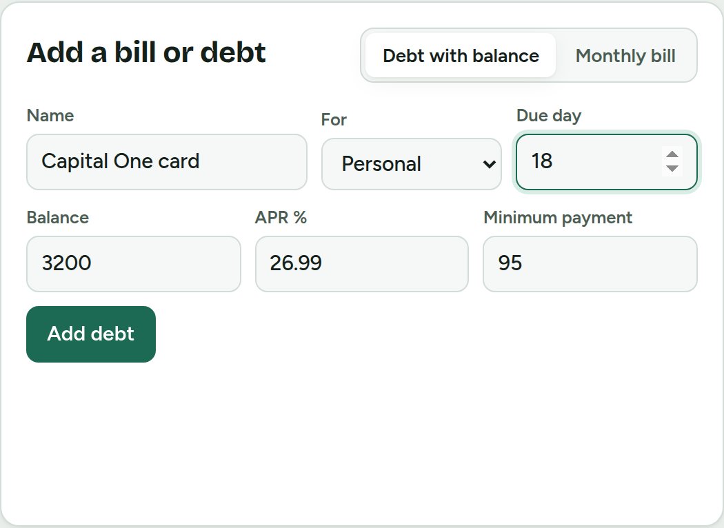 Add a debt form with balance, APR and minimum payment