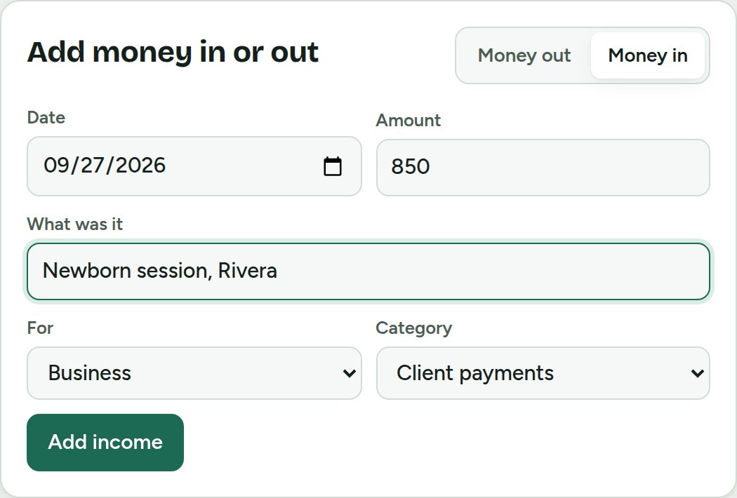 Form adding a client payment as money in