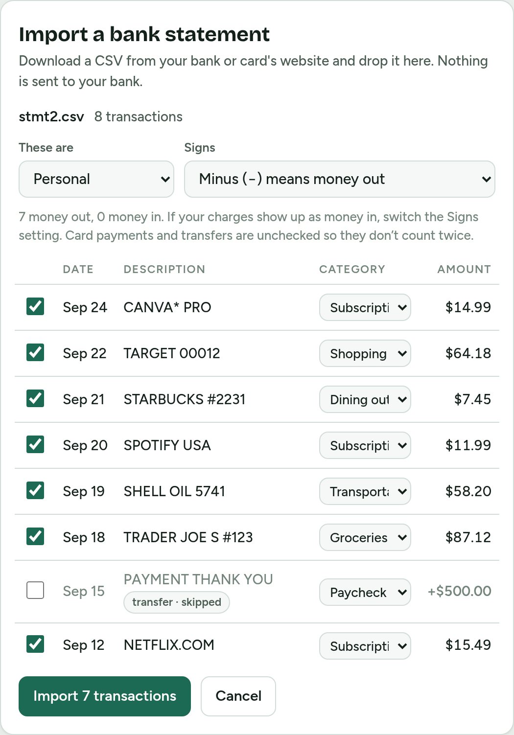 Import preview with categories for each charge