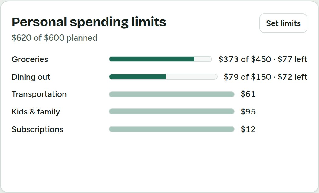 Personal spending limits with progress bars