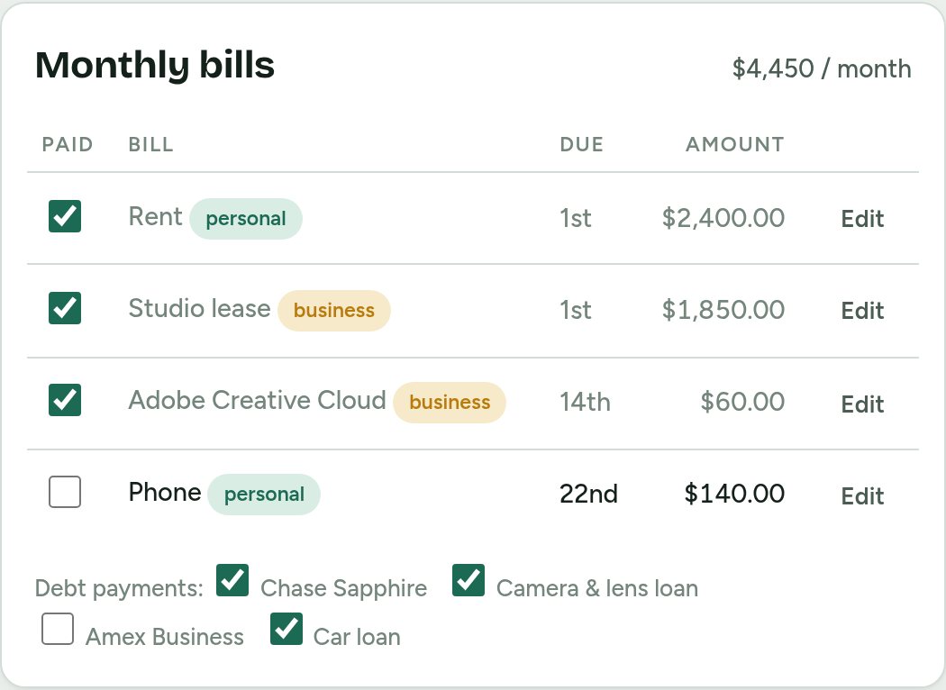 Monthly bills list with paid checkboxes