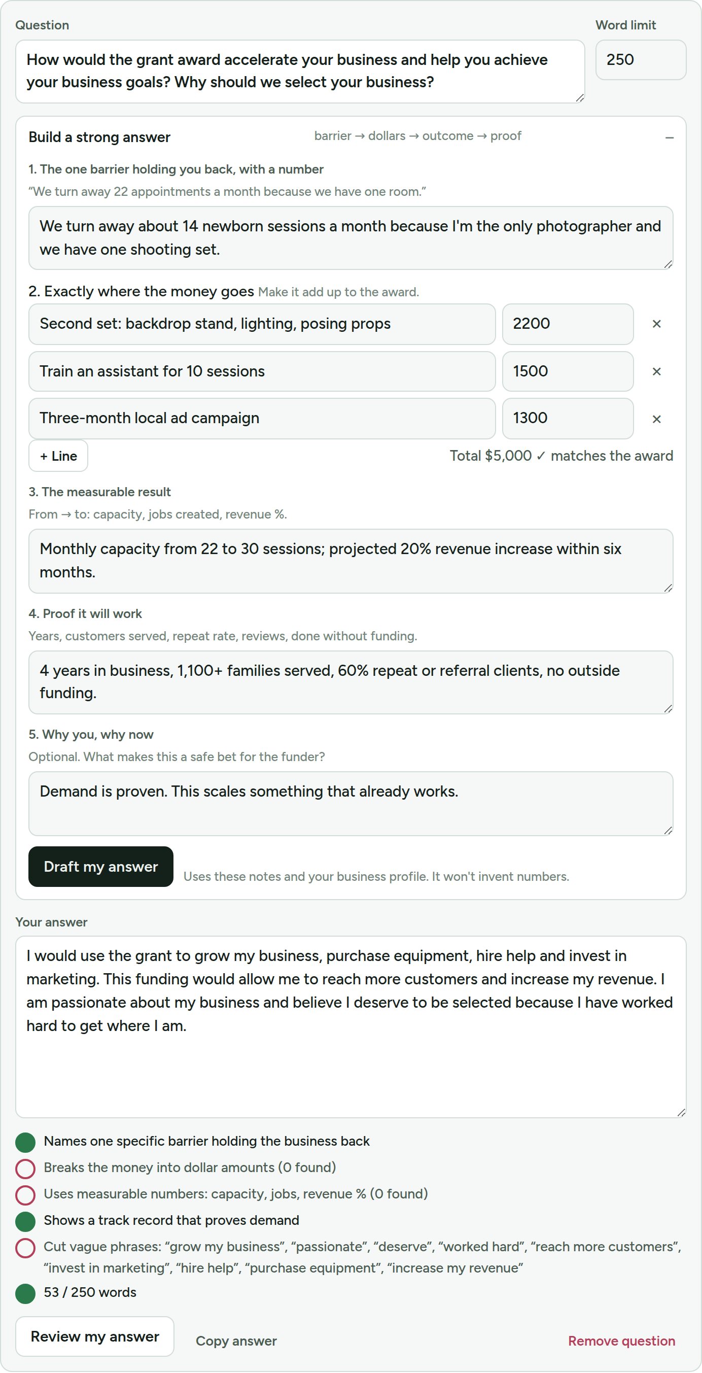 Grant question with the five-part answer builder and checklist